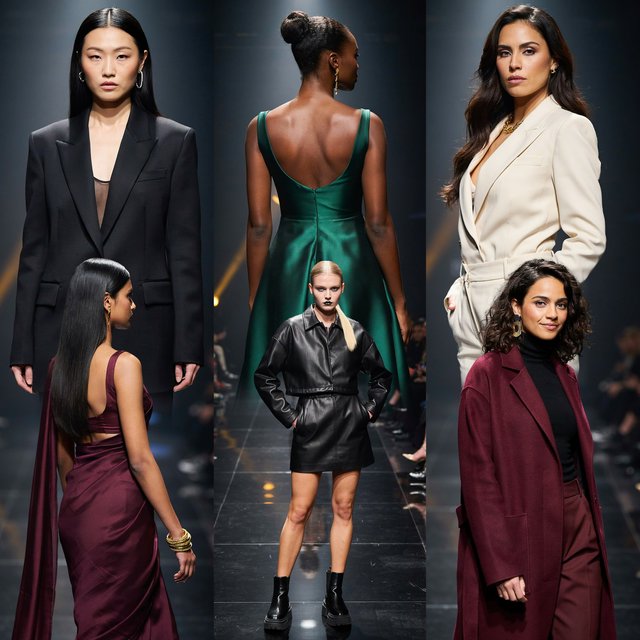 Adult female fashion models on the runway. There are models of all races: white, Black, Asian, Mexican, Indian, mixed race, etc. The vibe is cool and fierce. Many angles. — Ideogram v4.5