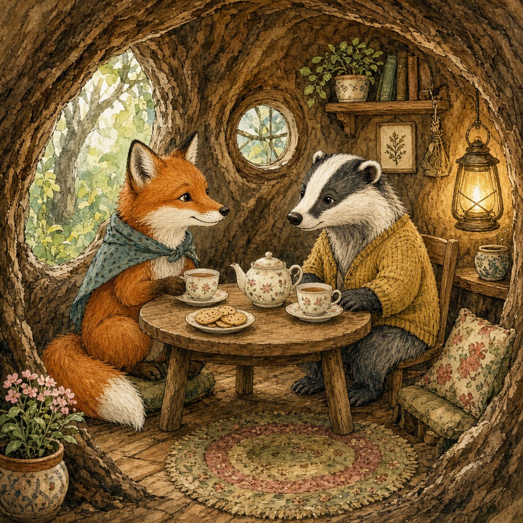 Children's book illustration of a fox and a badger sharing tea in a hollow tree, watercolour and ink, warm and gentle. — Grok Imagine Image 2