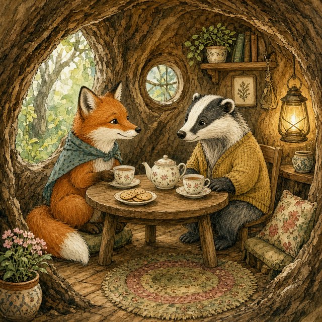 Children's book illustration of a fox and a badger sharing tea in a hollow tree, watercolour and ink, warm and gentle. — Grok Imagine Image 2