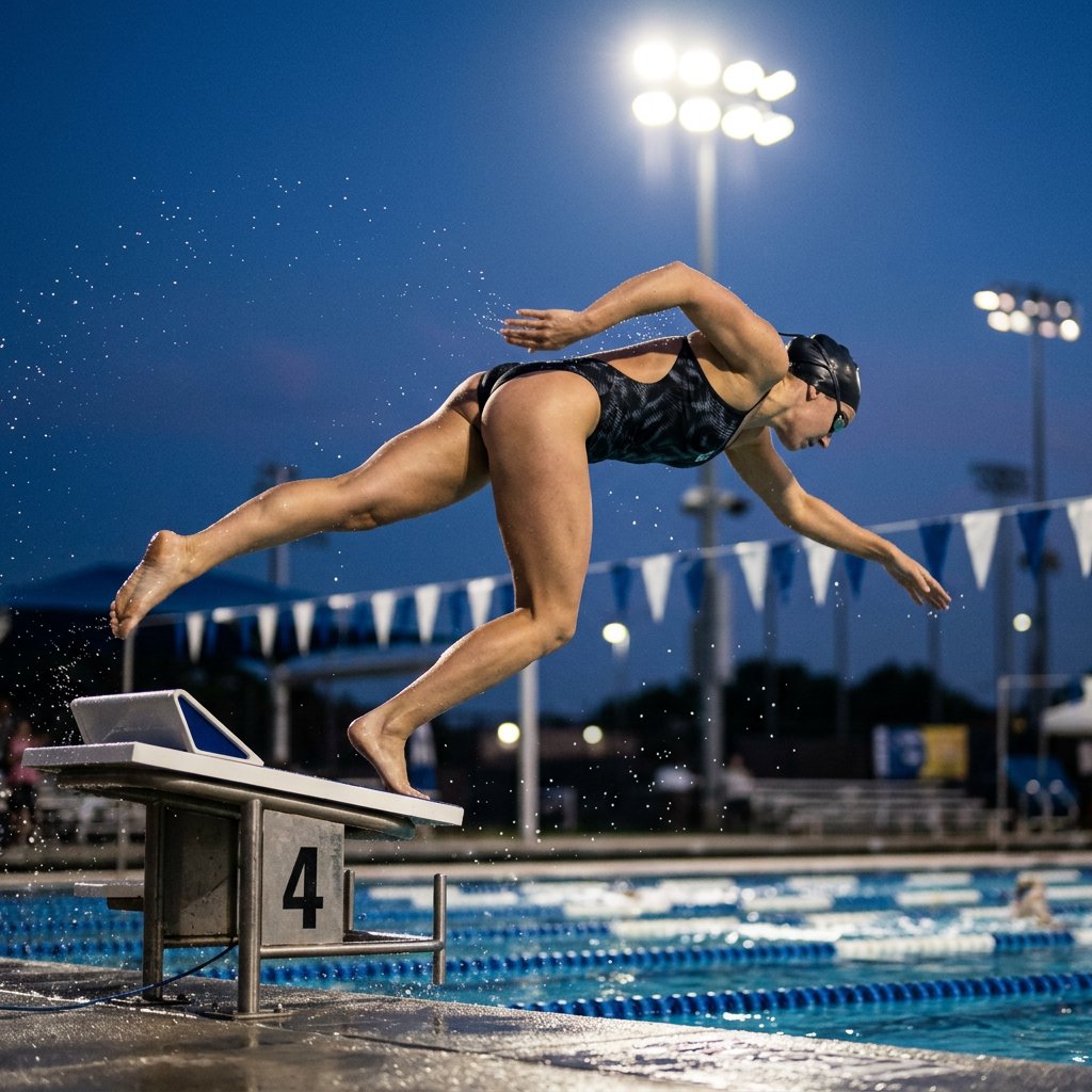 Under the blue-hour floodlights, an adult swimmer drives off the starting block into an outdoor pool. A real-world sports press photo, shot at 200mm with shallow depth of field, captures beads of water suspended around her shoulder. — Nano Banana 2.1