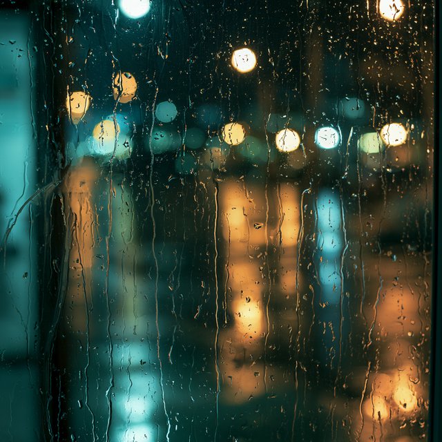 Raindrops crawl down a bus shelter pane, warping blurred harbor lights beyond. A handheld evening street snapshot in cool sodium glow, shot at 50mm with shallow depth of field, catches tiny water trails and a faint wipe mark. — Midjourney V8.2