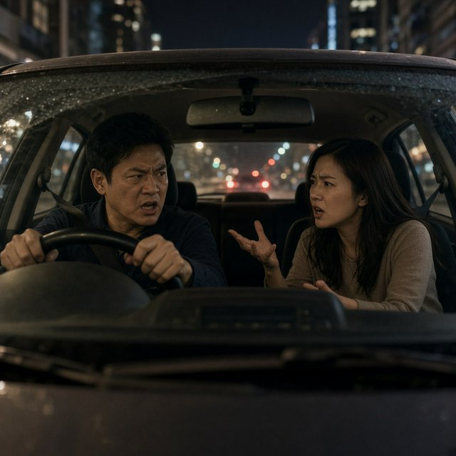 Frontal cinematic shot through the windshield of a car driving at night. A 35-year-old Chinese man is in the driver’s seat, gripping the steering wheel and arguing back in visible frustration. Beside him, a 30-year-old Chinese woman in the front passenger seat is nagging him animatedly, gesturing as she speaks. Both are clearly engaged in a tense argument. Nighttime city lights and passing streetlights glow outside, with reflections across the windshield and realistic interior lighting. — Grok Imagine Image 2