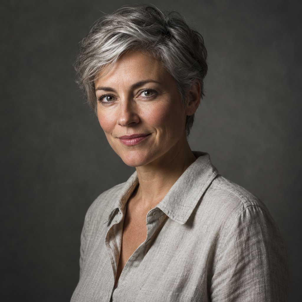 Studio portrait of a woman in her 40s with short grey hair and a linen shirt, Rembrandt lighting, neutral grey backdrop, slight smile. — GPT Image 2.5 Flare