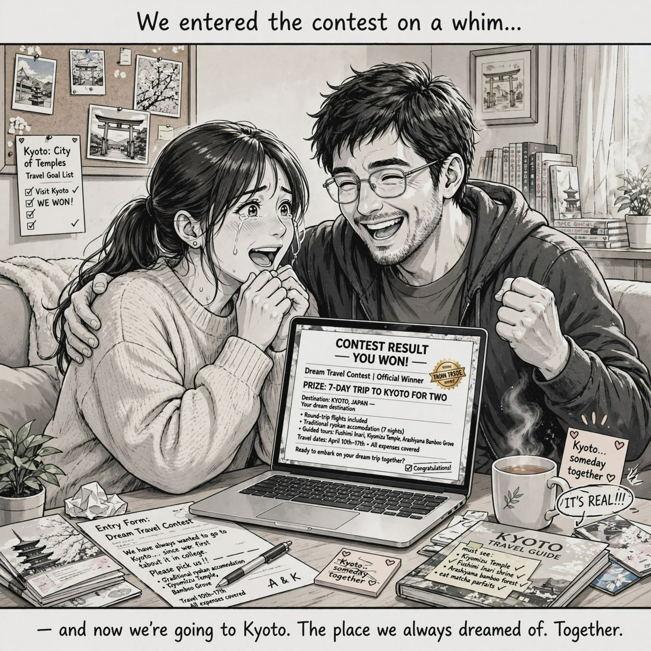 A realistic manga about a couple who entered a contest and ended up winning a trip to a place they always wanted to go. — Muse Image 1.0