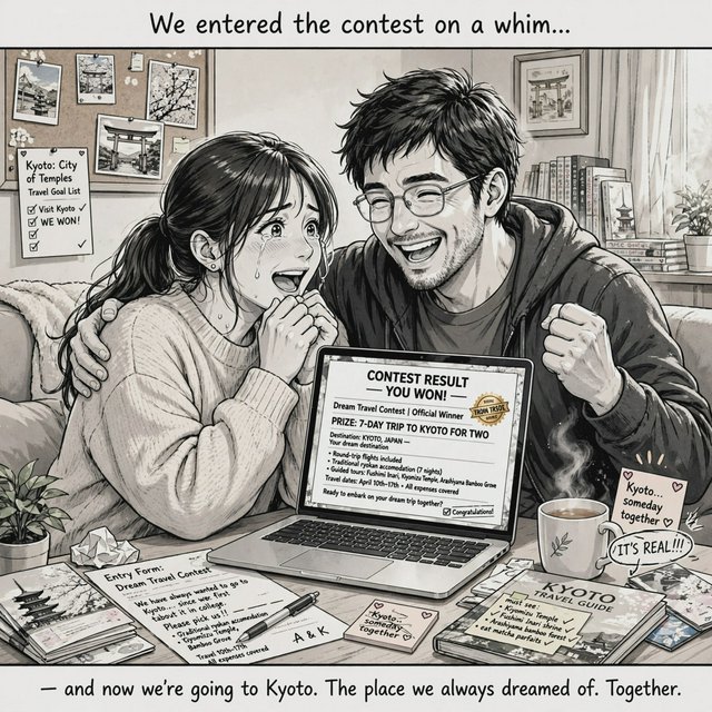 A realistic manga about a couple who entered a contest and ended up winning a trip to a place they always wanted to go. — Muse Image 1.0