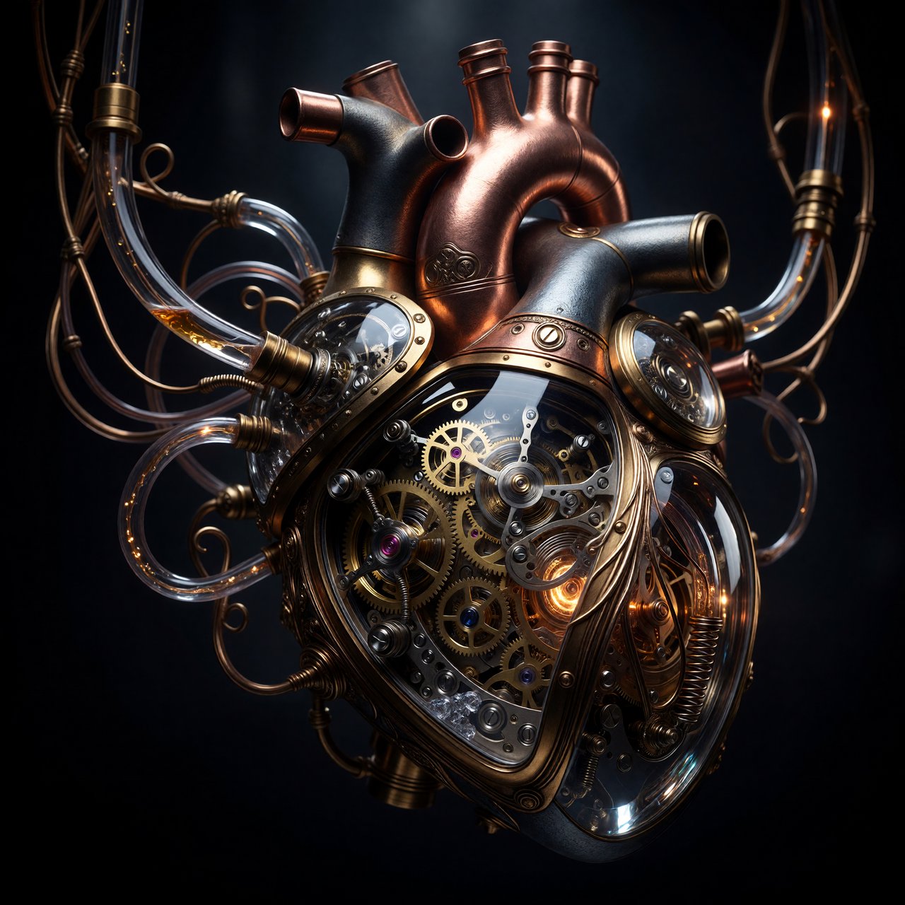 A beautifully intricate mechanical heart floating alone in deep darkness, designed like an exquisite piece of horological sculpture. Its polished brass, copper, and dark steel chambers are partially open, revealing layers of tiny interlocking gears, delicate springs, pistons, and precision mechanisms within. Sections of crystal-clear glass expose deeper workings, while slender tubes carry a faintly glowing fluid through the heart like an artificial bloodstream. Tiny gears turn and pistons move, suggesting that the heart is genuinely functioning. Fine mechanical filaments curl outward like veins and arteries, catching subtle highlights from the warm inner glow. Elegant steampunk aesthetic, dramatic cinematic lighting, rich metallic textures, intricate reflections, mysterious atmosphere. — ImagineArt 1.5 Pro