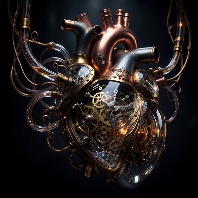 A beautifully intricate mechanical heart floating alone in deep darkness, designed like an exquisite piece of horological sculpture. Its polished brass, copper, and dark steel chambers are partially open, revealing layers of tiny interlocking gears, delicate springs, pistons, and precision mechanisms within. Sections of crystal-clear glass expose deeper workings, while slender tubes carry a faintly glowing fluid through the heart like an artificial bloodstream. Tiny gears turn and pistons move, suggesting that the heart is genuinely functioning. Fine mechanical filaments curl outward like veins and arteries, catching subtle highlights from the warm inner glow. Elegant steampunk aesthetic, dramatic cinematic lighting, rich metallic textures, intricate reflections, mysterious atmosphere. — ImagineArt 1.5 Pro