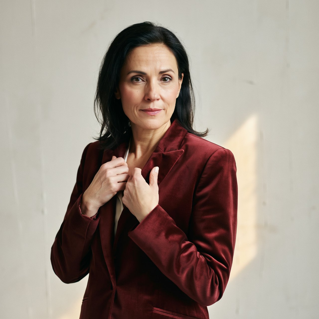 Fashion portrait of an adult woman in her early 50s wearing a sculptural burgundy velvet jacket, her hands lightly gathering its lapel. A wry, composed expression meets the camera against a warm ivory plaster backdrop, lit by soft late-afternoon window glow. — Ideogram v4