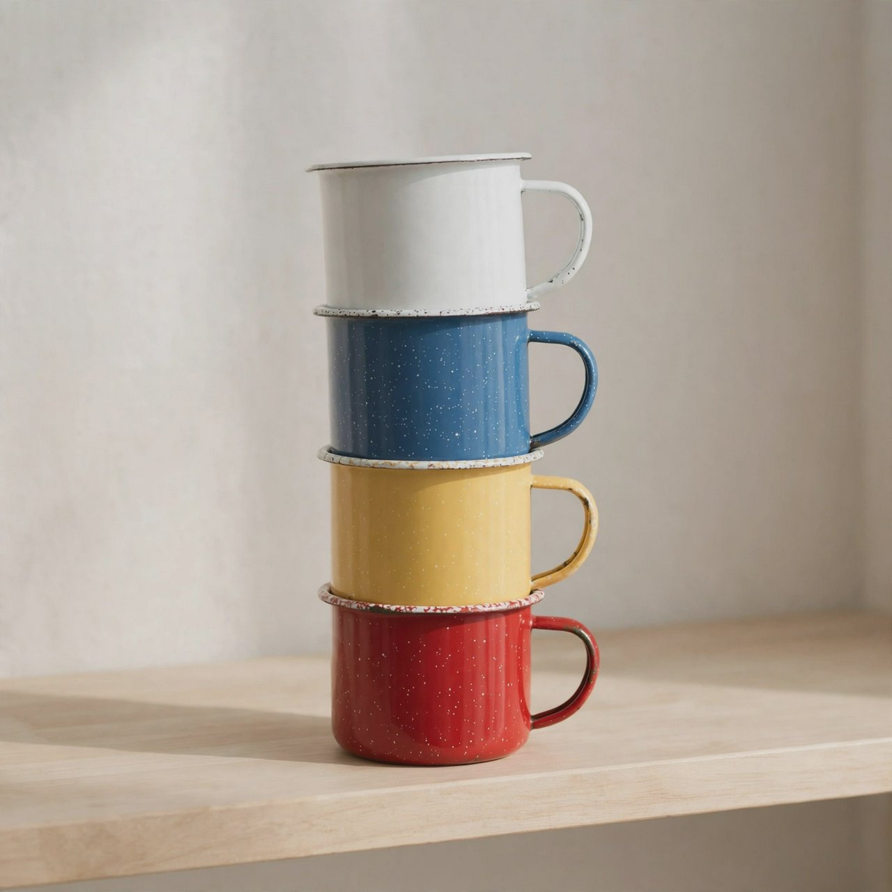 Exactly four enamel camping cups form a vertical tower on a pale wooden shelf, bottom to top: red, yellow, blue, white; all handles face right. Soft morning light, nothing else. — Muse Image 1.0