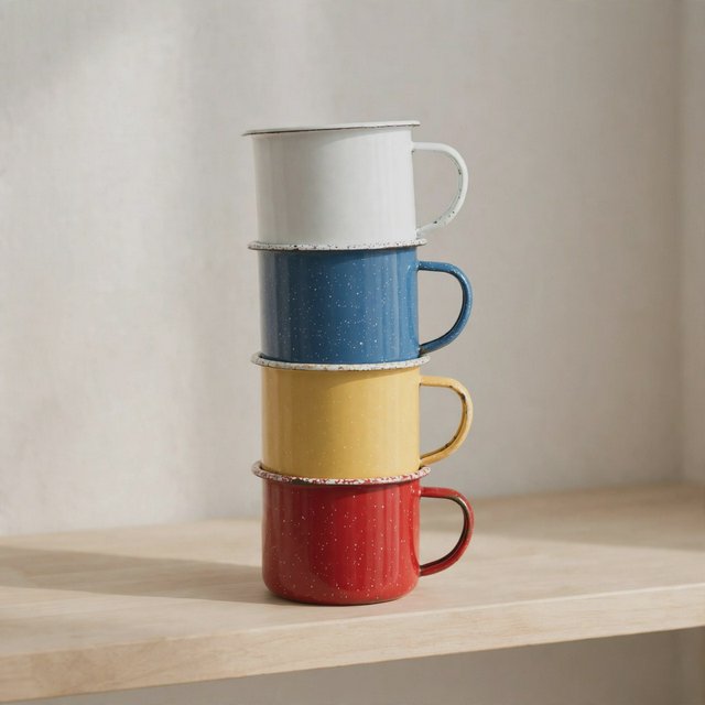 Exactly four enamel camping cups form a vertical tower on a pale wooden shelf, bottom to top: red, yellow, blue, white; all handles face right. Soft morning light, nothing else. — Muse Image 1.0