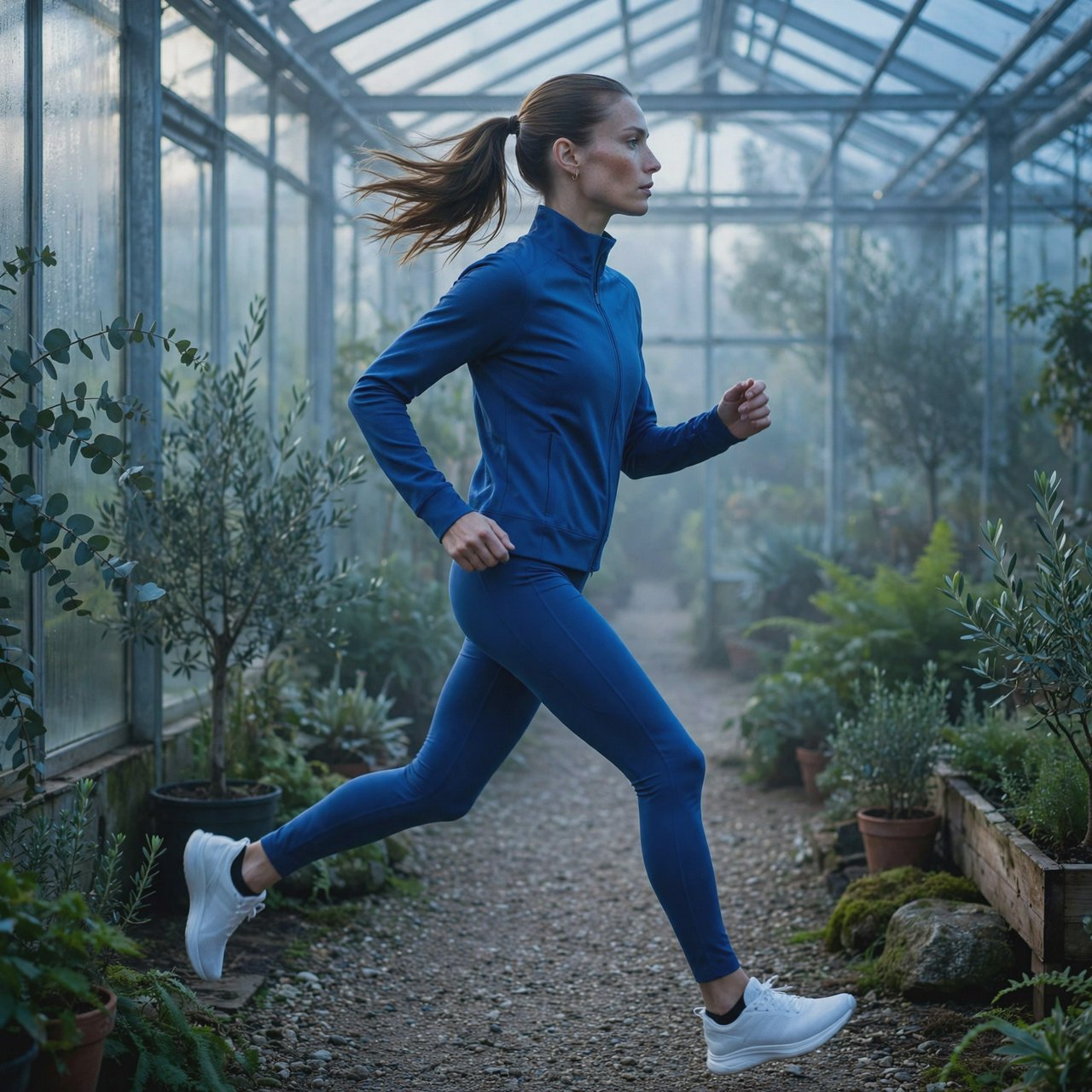 Across a quiet greenhouse path, an adult woman in a cobalt fitness set is caught mid-stride on a morning run, cool dawn light tracing her focused profile; clean lines and poised styling evoke a fashion magazine. — Muse Image 1.0
