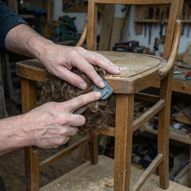 Fine curls gather beneath adult hands sanding the edge of a wooden chair in a quiet repair shed. A real-world workshop snapshot in cool skylight, using a normal lens at shallow depth of field, catches pale sawdust clinging to the knuckles. — Qwen Image 3.0 Pro