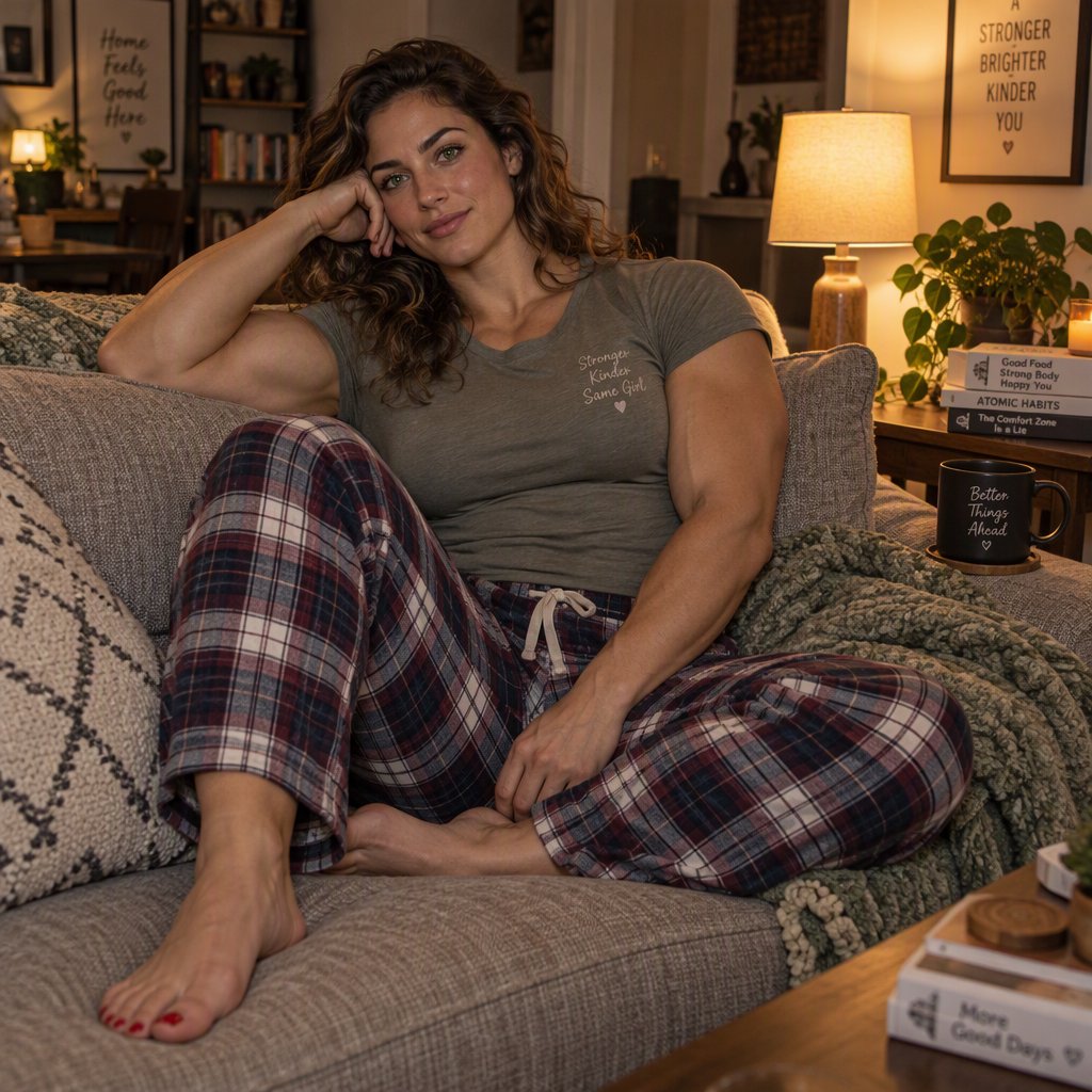 A 28-year-old, 6-foot-tall woman with wavy brunette hair falling just past her shoulders, olive skin, an oval face with soft angular cheekbones, and striking deep green eyes. She has a hyper-muscular, athletic physique built from intense heavy weightlifting and CrossFit — broad shoulders, defined arms, a strong back, and visible core and leg muscle definition — giving her a powerful, statuesque build. Her expression is relaxed and at ease. She lounges comfortably on a couch in her living room, wearing a soft fitted t-shirt and plaid pajama pants, barefoot with red-painted toenails. Warm evening lamp light, cozy lived-in living room background with a throw blanket and a few books on a side table, soft natural shadows, skin texture. — GPT Image 2.5 Sunburst