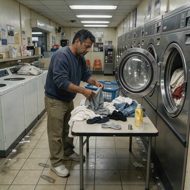 Candid documentary photograph of an adult sorting laundry in a neighborhood laundromat, cool fluorescent light, 35mm lens with moderate depth of field, lint specks floating near a tumbling dryer door. — FLUX 3 Image