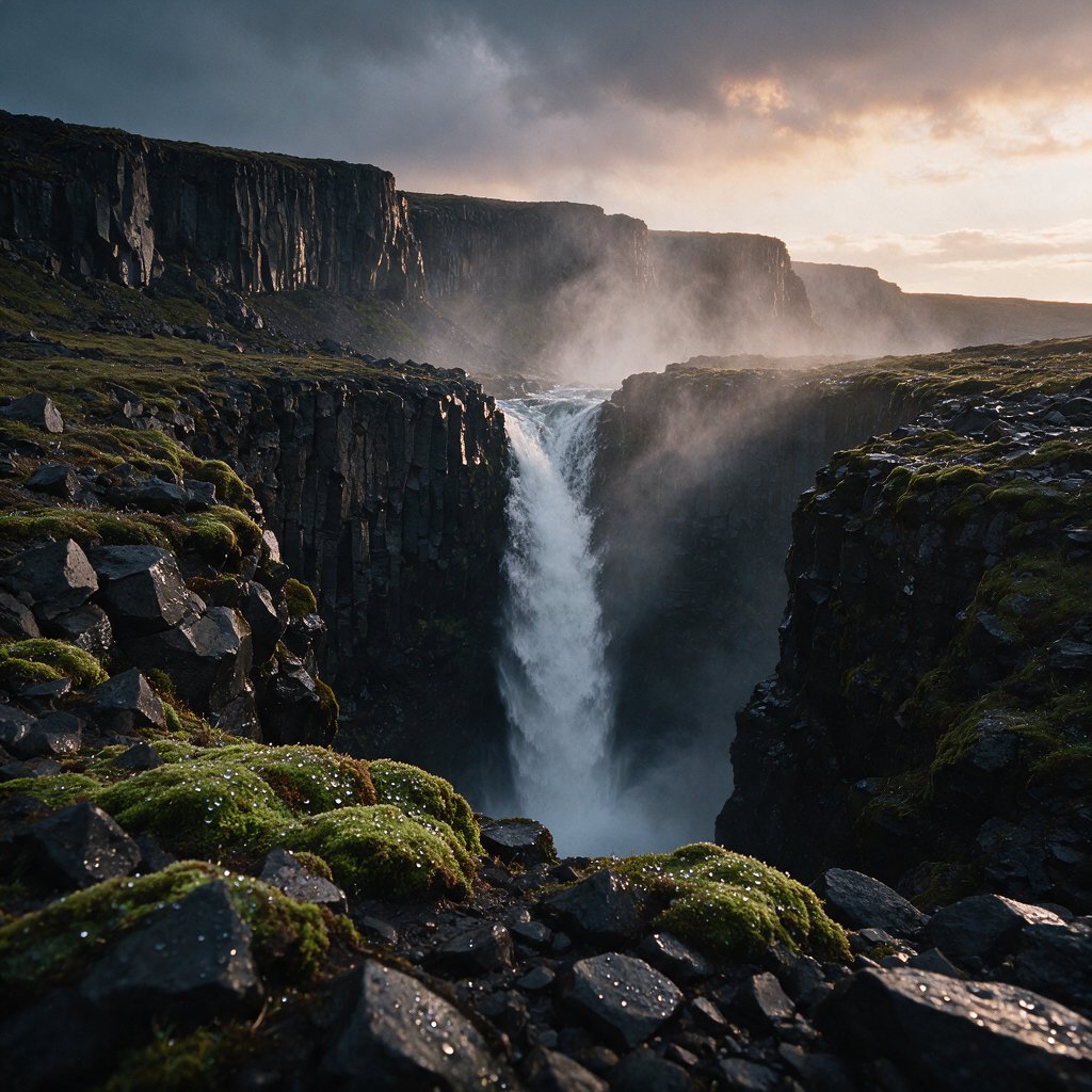 After a passing squall, a waterfall drops through a narrow basalt gorge at dusk, its white plume breaking against dark ledges; rain-beaded moss and sharp foreground stones lead toward cliffs fading behind drifting spray. — Seedream 5.0 Pro