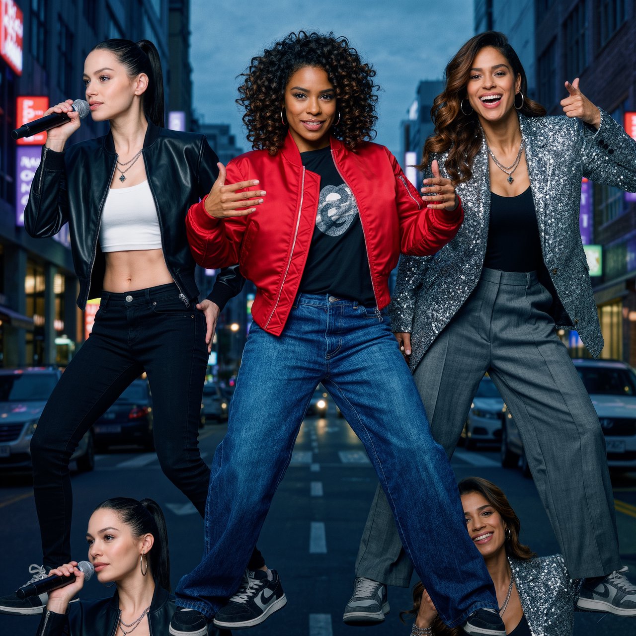 Realistic adult Korean, Black, and mixed-race female rappers filming a music video, all wearing fitted clothes. The music video is about how they are making money and are set to rule, with a really cool, laid-back vibe, shown from many angles. — Kling v3 Omni
