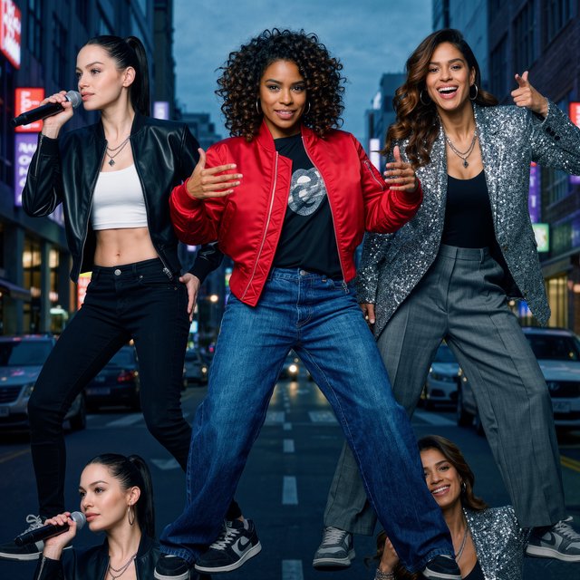 Realistic adult Korean, Black, and mixed-race female rappers filming a music video, all wearing fitted clothes. The music video is about how they are making money and are set to rule, with a really cool, laid-back vibe, shown from many angles. — Kling v3 Omni