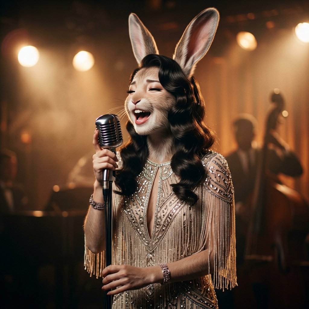 Anthropomorphic rabbit-human hybrid. No human ears visible; the areas where ears would normally be are covered by rabbit fur. A pulchritudinous East Asian 32-year-old wearing a luxurious flapper dress with a deep V split down the center, standing on stage behind a luxurious retro microphone, singing her heart out into it. Taken with a professional DSLR camera and a 35mm lens. Background bokeh, stage lights with a bloom effect. — Nano Banana 2.1