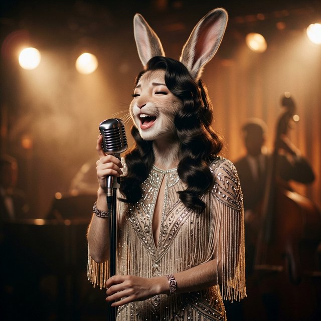 Anthropomorphic rabbit-human hybrid. No human ears visible; the areas where ears would normally be are covered by rabbit fur. A pulchritudinous East Asian 32-year-old wearing a luxurious flapper dress with a deep V split down the center, standing on stage behind a luxurious retro microphone, singing her heart out into it. Taken with a professional DSLR camera and a 35mm lens. Background bokeh, stage lights with a bloom effect. — Nano Banana 2.1