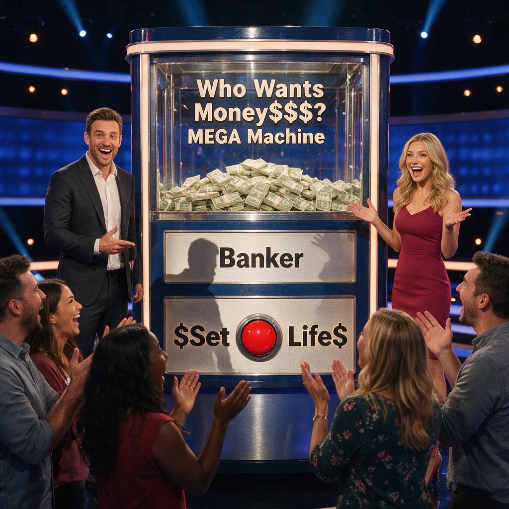 People on the set of a super mega game show called "Who Wants Money$$$?". There are at least six adults (three men and three women), all of different races, looking really excited. There is a big machine with a lot of cash inside. At the top of the machine it says "Who Wants Money$$$? MEGA Machine". In the middle of the machine it says "Banker", with the shadow of a man near the name. At the bottom of the machine it says "$Set 4 Life$", with a red button in the middle of the words. Near the machine are game hosts on both sides of it: a handsome man and a pretty woman. — Seedream 5.0 Pro