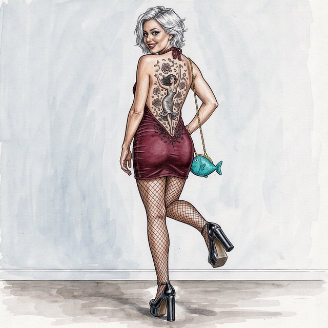 A realistic India ink illustration with crisp black lines depicting a realistic scene, anatomy, and proportions. The ink lines are colored with watercolors, while the black lines remain visible. Full-length composition. A 25-year-old woman named Mandy has a round face and short, trendy hair dyed grayish white. She wears a short, tight halter-top dress with a backless design, fishnet stockings, and high platform heels. She carries a tiny fish-shaped purse over one shoulder. She has smoky eyes and dark brown lipstick. Her entire back is covered with a huge tattoo of a dancing adult woman surrounded by a swirl of roses and rose petals. She poses for a picture in rear view, standing on one foot with the other foot raised and knee bent. She looks at us over one shoulder, making eye contact with the camera and smiling. — FLUX 3 Image