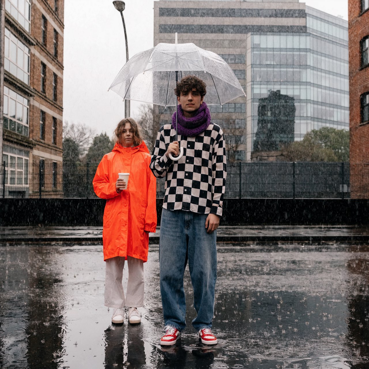 A man with a purple scarf holding a transparent umbrella, standing to the right of a woman in an orange raincoat who holds a paper cup, both facing the camera. — Recraft v4 Pro