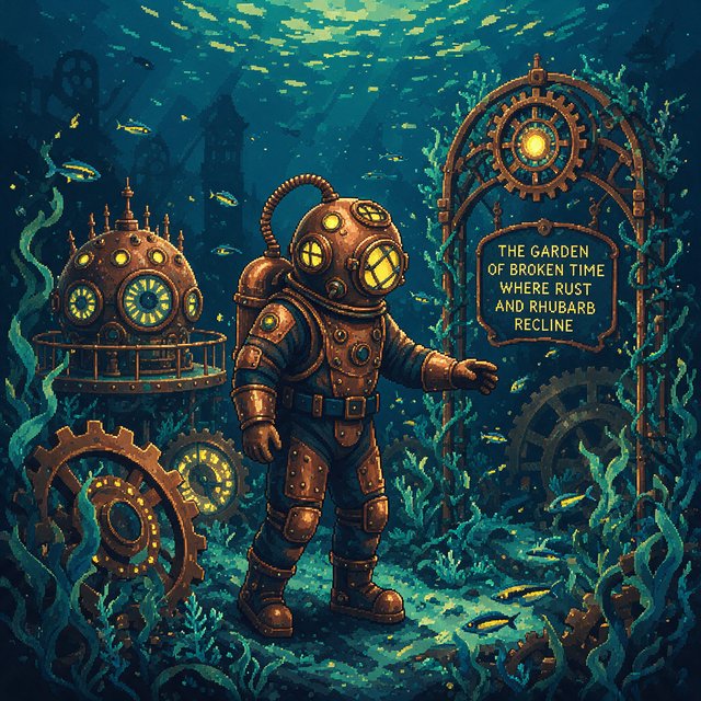 A brass-suited adult diver explores a submerged clockwork garden, where kelp curls around sunken gears and tiny fish glow in the dark; pixel art illustration, palette of teal, copper, midnight blue, and lemon yellow. — Seedream 5.0 Pro
