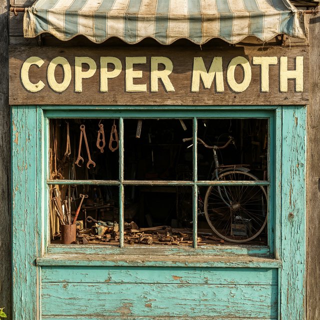An old roadside bicycle workshop beneath a faded striped awning, rusted tools displayed in the window, with "COPPER MOTH" painted in cream block letters across the weathered wooden fascia, afternoon sunlight catching peeling turquoise paint. — Qwen Image 3.0 Pro