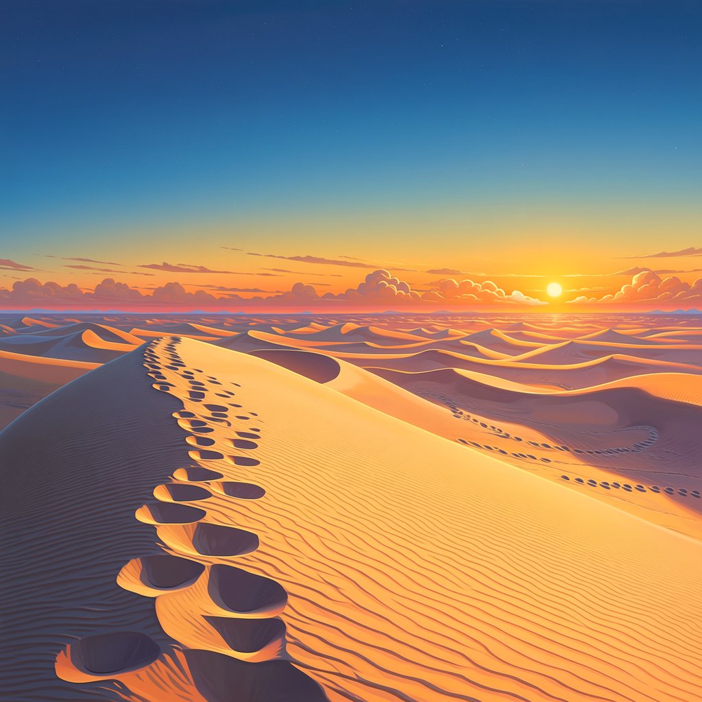 Sand dunes at sunset with wind-blown ridges, one set of footprints, deep blue sky fading to orange. — Midjourney Niji 7
