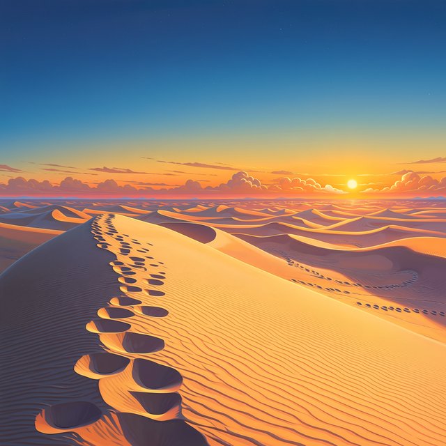 Sand dunes at sunset with wind-blown ridges, one set of footprints, deep blue sky fading to orange. — Midjourney Niji 7