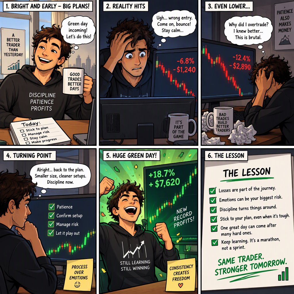 An image depicting the highs and lows of trading, in at least four panels. It ends with a very green day, record profits, and a lesson. — GPT Image 2.5 Sunburst