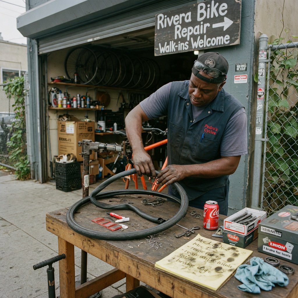 Candid documentary photograph of an adult bicycle mechanic repairing a flat tire outside a neighborhood workshop, soft overcast daylight, 35mm lens with moderate depth of field, greasy fingerprints, dust, and tiny metal shavings visible on the workbench. — Grok Imagine Image Quality