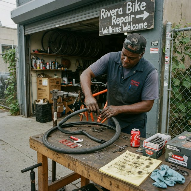 Candid documentary photograph of an adult bicycle mechanic repairing a flat tire outside a neighborhood workshop, soft overcast daylight, 35mm lens with moderate depth of field, greasy fingerprints, dust, and tiny metal shavings visible on the workbench. — Grok Imagine Image Quality