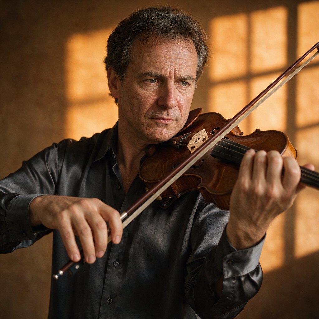 With a violin tucked close, an adult man in his early 50s draws a bow, his hands prominent, wearing a charcoal silk shirt; his intent expression is framed against a warm umber backdrop in soft amber window light, in a close portrait photograph. — Seedream 5.0 Pro
