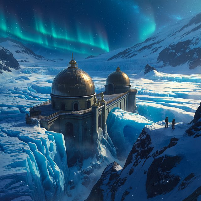 An abandoned observatory carved into a glacier, its bronze domes protruding from blue ice, aurora light filtering through crevasses, tiny adult explorers on a distant ridge emphasizing immense scale, drifting snow and deep polar shadows. — Midjourney Niji 7