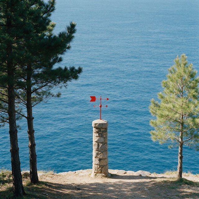 At a coastal overlook, a small red weather vane stands on a stone post. Exactly two dark-green pine trees line the left edge and one pale-green pine tree stands at the right edge; a blue sea fills the background, nothing else. — Model 20