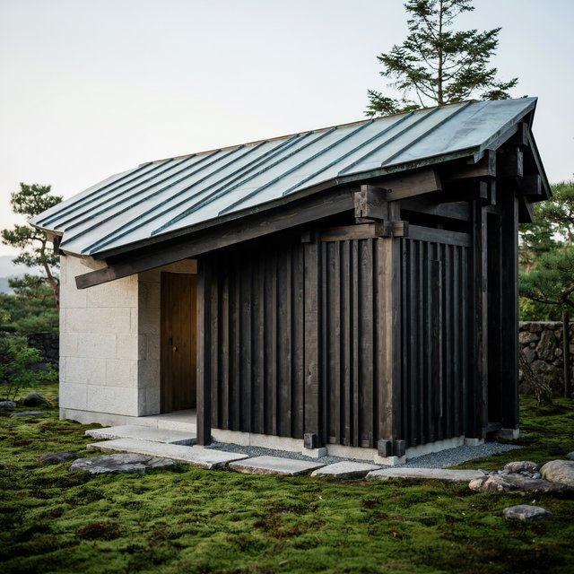 Exterior of a Kyoto-inspired contemporary teahouse in restrained Japanese timber architecture, charred cedar screens, pale granite, and a copper-clad roof; soft rain-bright afternoon light, viewed obliquely from a moss garden path, precise joinery and credible structure. — Ideogram v4.5