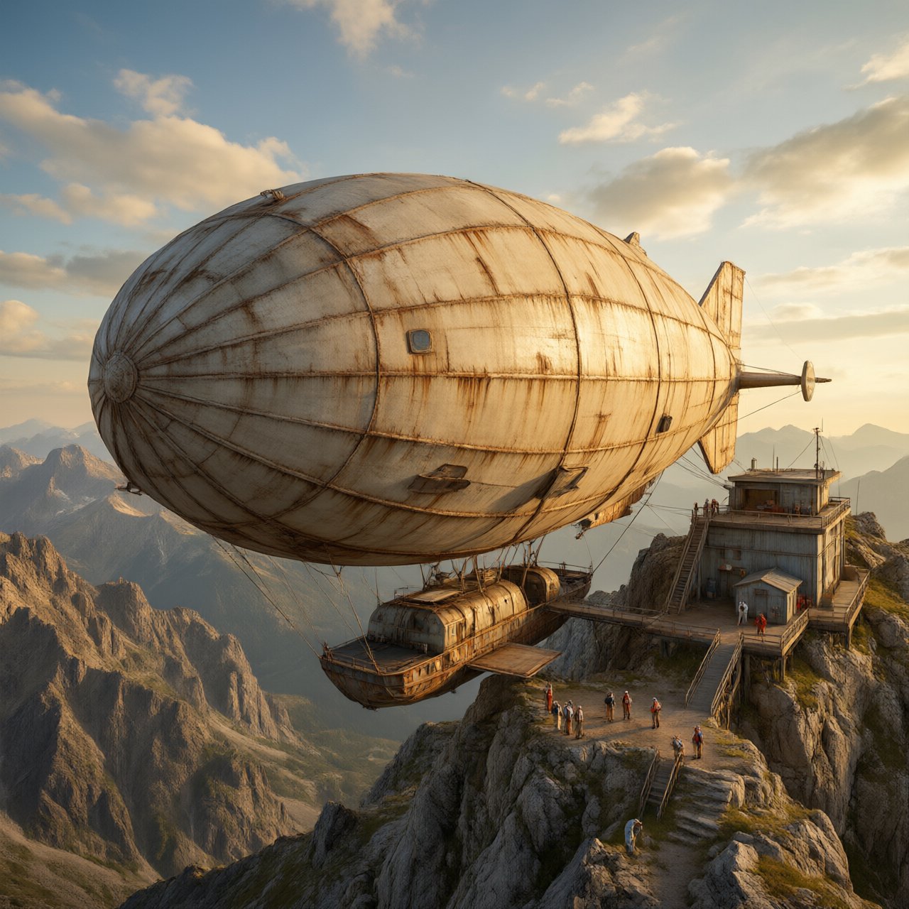Concept art of a weathered cargo airship docking at a mountaintop station, crew tiny for scale, late afternoon light. — Qwen Image 3.0