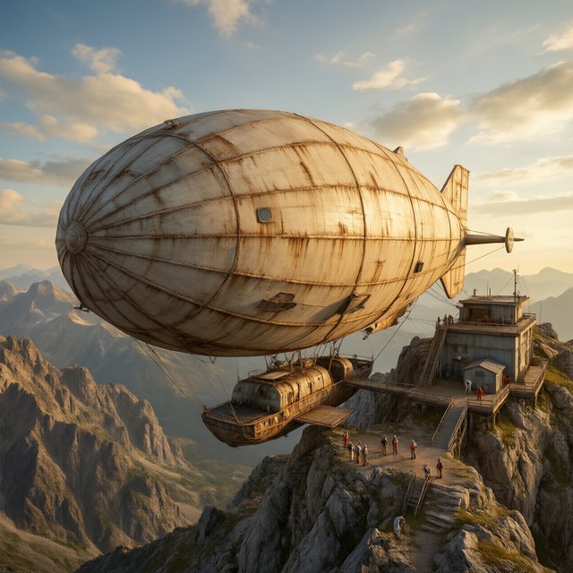 Concept art of a weathered cargo airship docking at a mountaintop station, crew tiny for scale, late afternoon light. — Qwen Image 3.0