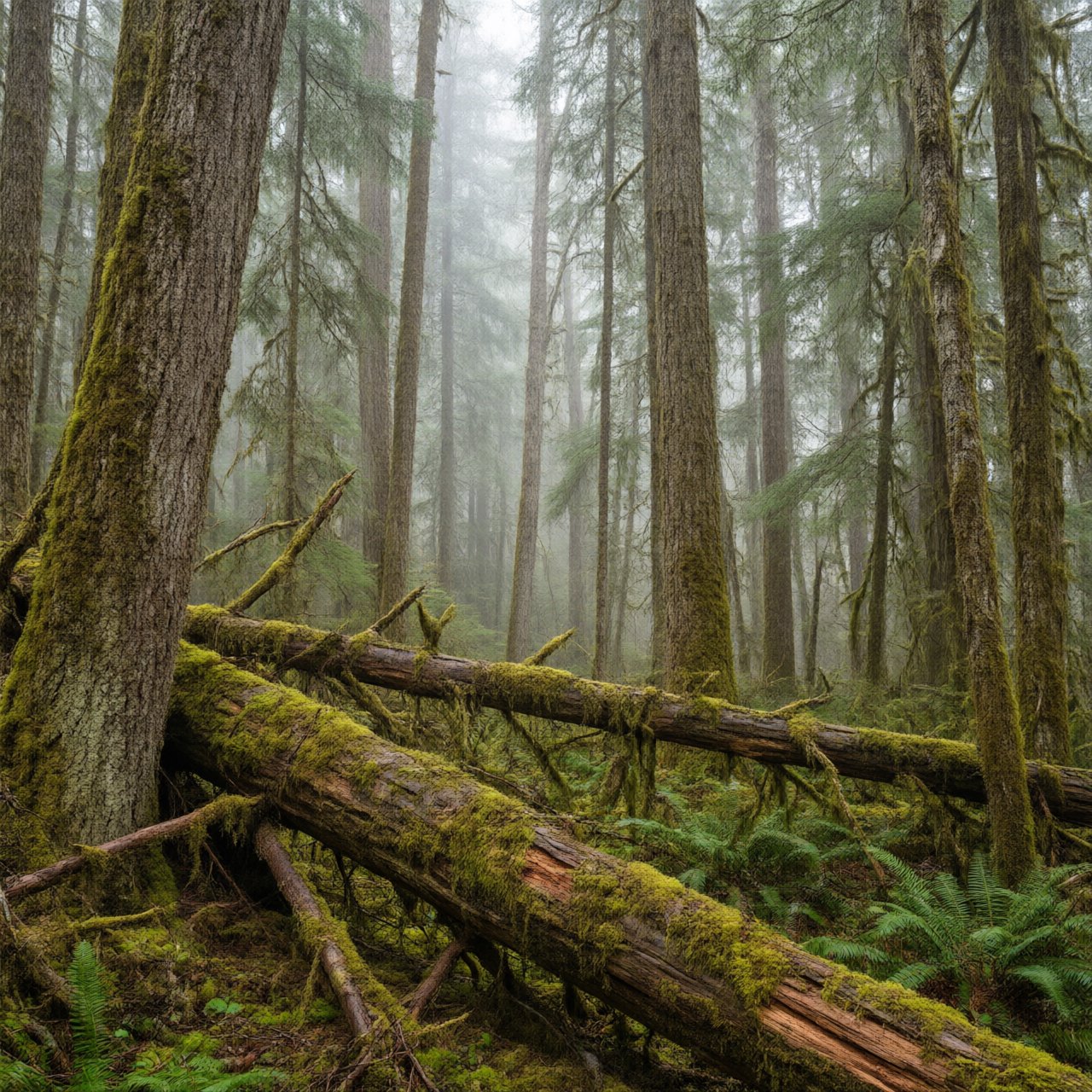 Old-growth temperate rainforest after rain, moss-covered fallen log, fog between the trunks, soft diffused light. — Qwen Image 3.0