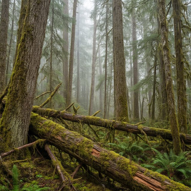 Old-growth temperate rainforest after rain, moss-covered fallen log, fog between the trunks, soft diffused light. — Qwen Image 3.0