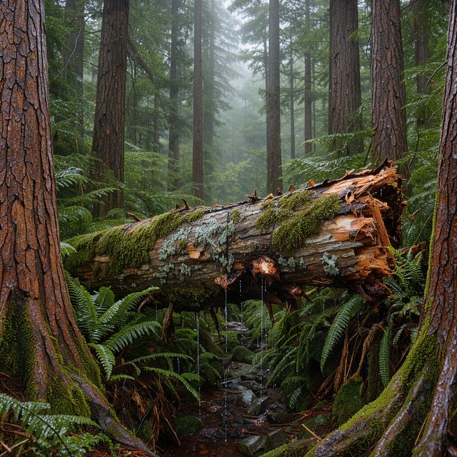 Between cedar trunks, a moss-covered fallen giant bridges a fern-filled ravine in steady dawn drizzle; shredded bark, rain-dark lichen, and tiny rivulets stand crisp nearby while successive trees dissolve into green mist. — FLUX 3 Image Klein