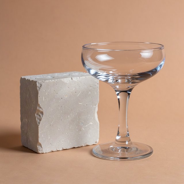 Beside a pale limestone block, an unbranded handblown cocktail coupe in clear soda-lime glass catches crisp window-shaped highlights; its curved bowl bends a muted apricot backdrop under broad diffused key light and narrow cool rim lighting, commercial product image, no lettering. — FLUX 3 Image