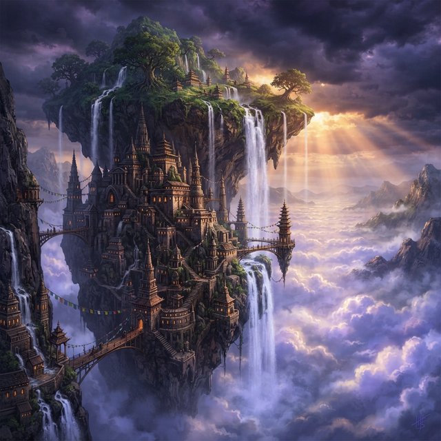 A colossal cliffside monastery hangs beneath a floating island, its waterfalls falling into luminous cloud seas. Bronze bridges connect needle towers, while dawn rays pierce violet storms and tiny windows glow above an endless abyss. — Nano Banana 2 Lite