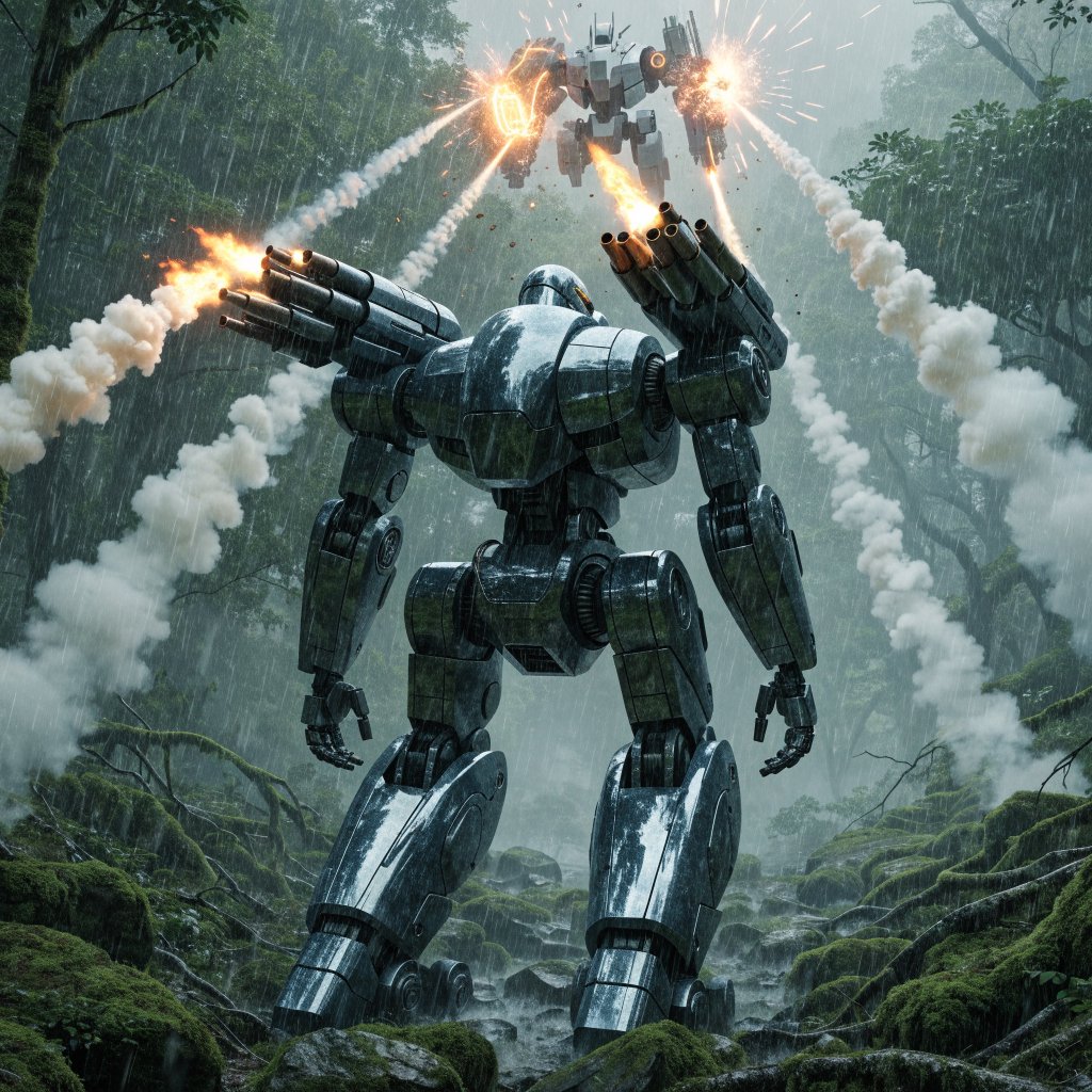 A dramatic cinematic scene of a towering 20-meter futuristic mecha standing in a dense forest, viewed from behind as the main focus. Its design is sleek, angular, and elegant, with a classic retro-futurist Japanese mecha aesthetic. Shoulder missile pods fire a volley of missiles toward an enemy mecha of a different but similarly styled design. The enemy mecha hovers in the air ahead, blocking the incoming missiles with a large arm-mounted energy shield. Dynamic action, smoke trails, forest scale, and intense battle atmosphere. — Recraft v4