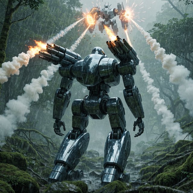 A dramatic cinematic scene of a towering 20-meter futuristic mecha standing in a dense forest, viewed from behind as the main focus. Its design is sleek, angular, and elegant, with a classic retro-futurist Japanese mecha aesthetic. Shoulder missile pods fire a volley of missiles toward an enemy mecha of a different but similarly styled design. The enemy mecha hovers in the air ahead, blocking the incoming missiles with a large arm-mounted energy shield. Dynamic action, smoke trails, forest scale, and intense battle atmosphere. — Recraft v4