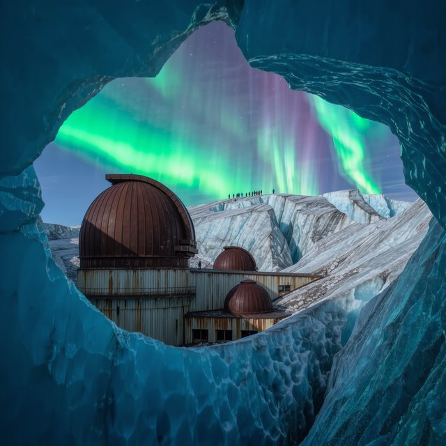 An abandoned observatory carved into a glacier, its bronze domes protruding from blue ice, aurora light filtering through crevasses, tiny adult explorers on a distant ridge emphasizing immense scale, drifting snow and deep polar shadows. — Kling v3 Omni