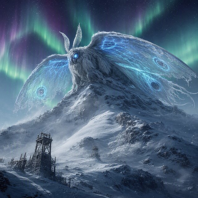 A colossal moon-moth leviathan rests atop a snowbound mountain ridge, its translucent wings veined with blue fire and its fur silvered by frost. Tiny abandoned watchtowers below emphasize its immense scale beneath an aurora-filled sky. — GPT Image 2