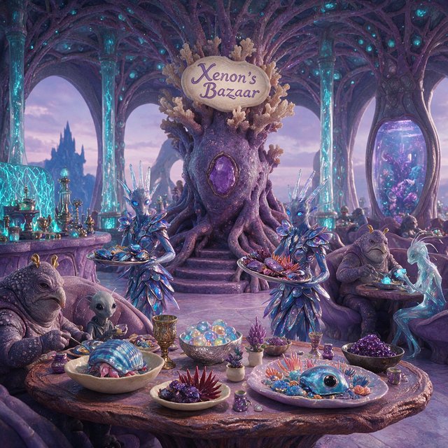 An alien restaurant on a strange planet. The interior is well lit, but the décor is very strange and out of this world. Alien waitresses are bringing in platters of food. Alien diners are eating very unusual dishes. — Seedream 5.0 Pro