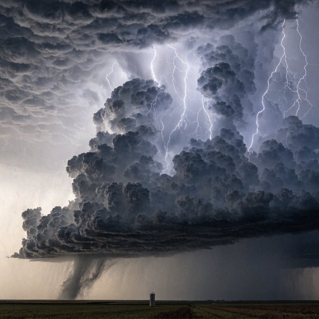 A supercell thunderstorm over flat farmland, lightning inside the cloud, a lone grain silo, dramatic but realistic. — Recraft v4